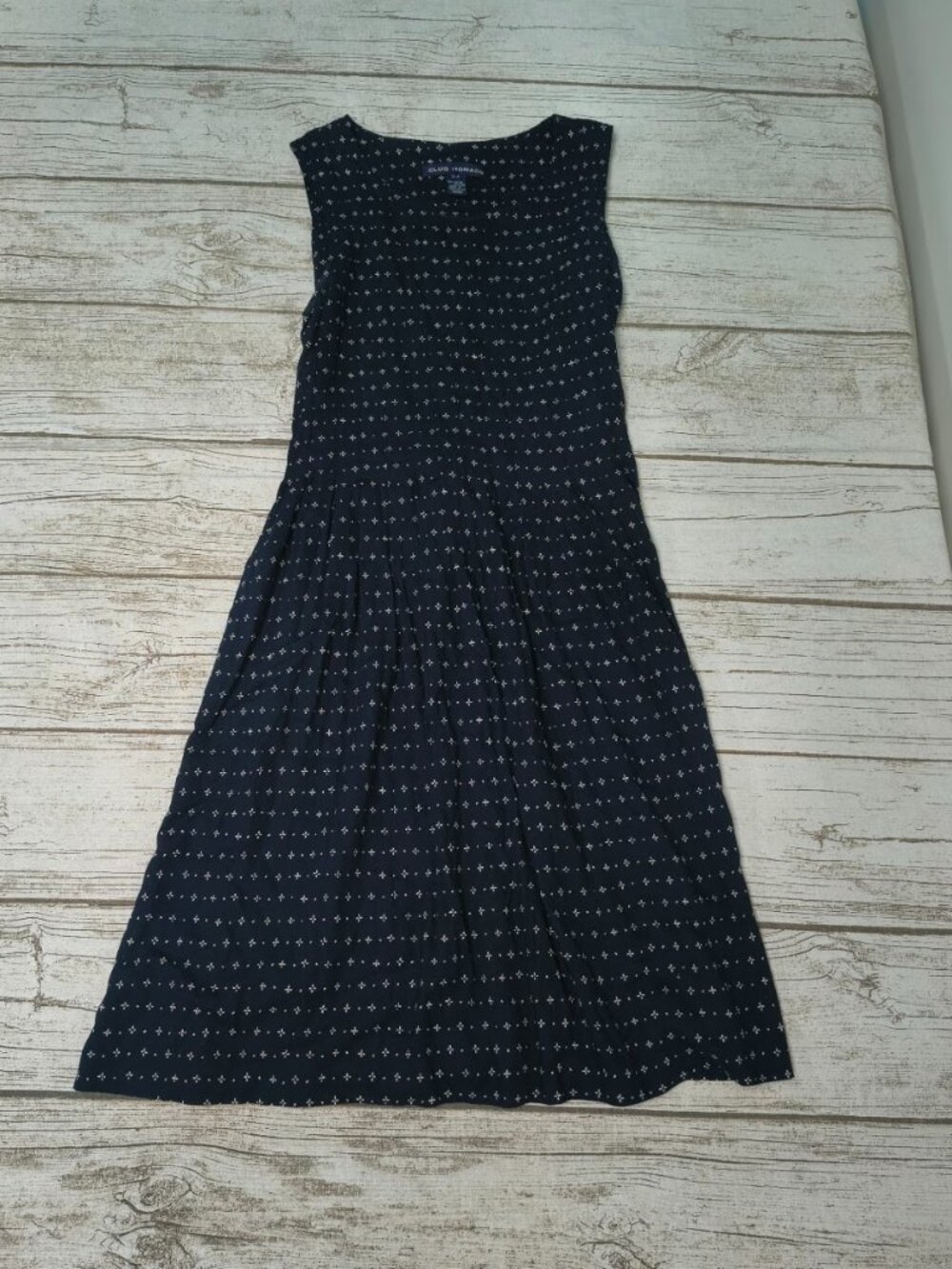 Vintage Club Monaco Navy White Micro Print Sleeveless Midi Dress Size Small